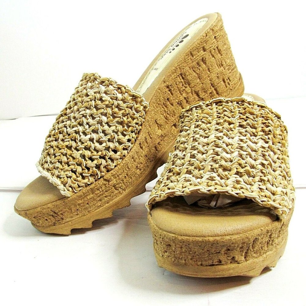 SPRING STEP ONEX POLLY Tan Woven Wedge Slide/Sandals Made In Italy SZ 38 /7.5